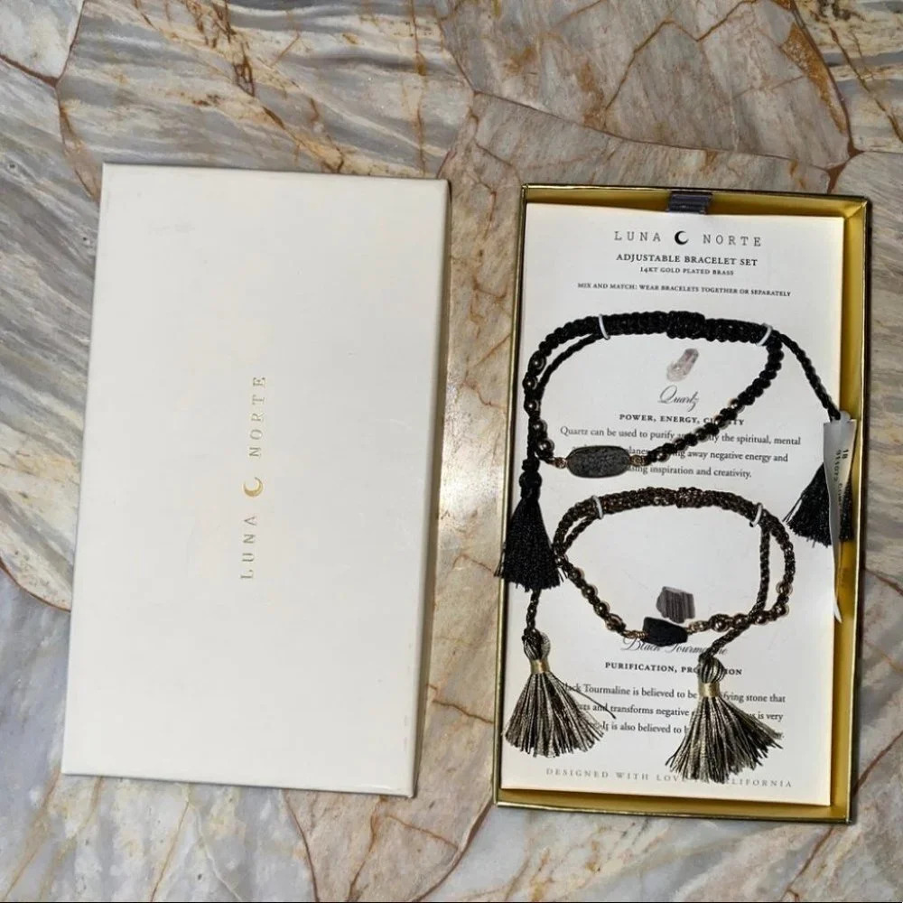 2 PCS‎ LUNA NORTE ADJUSTABLE  BRACELET SET: quartz and black tourmaline